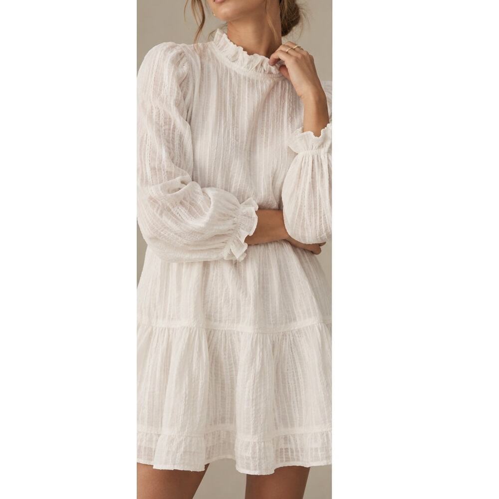 En Saison White Textured Ruffle Neck Long Sleeve Mini Dress Small - Picture 4 of 14